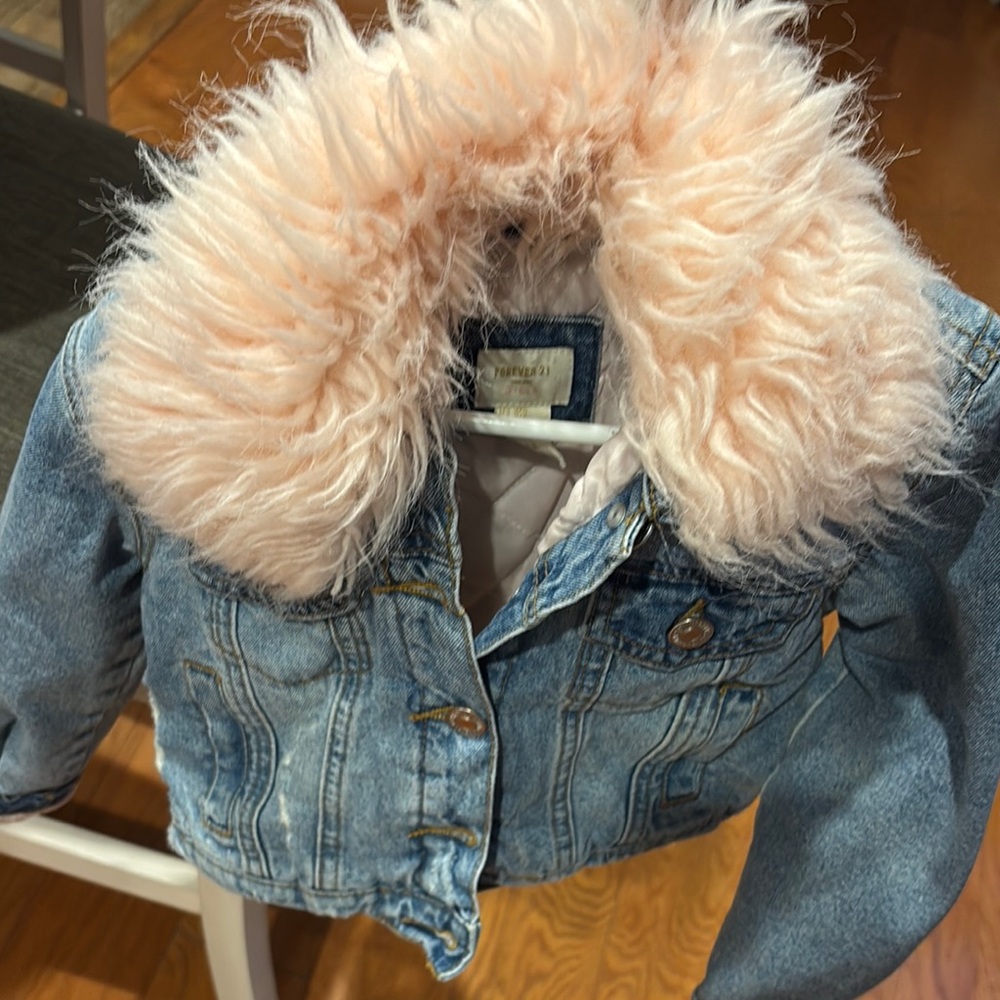 Forever 21 Blue and Pink Jean Jacket with Faux Fur Collar